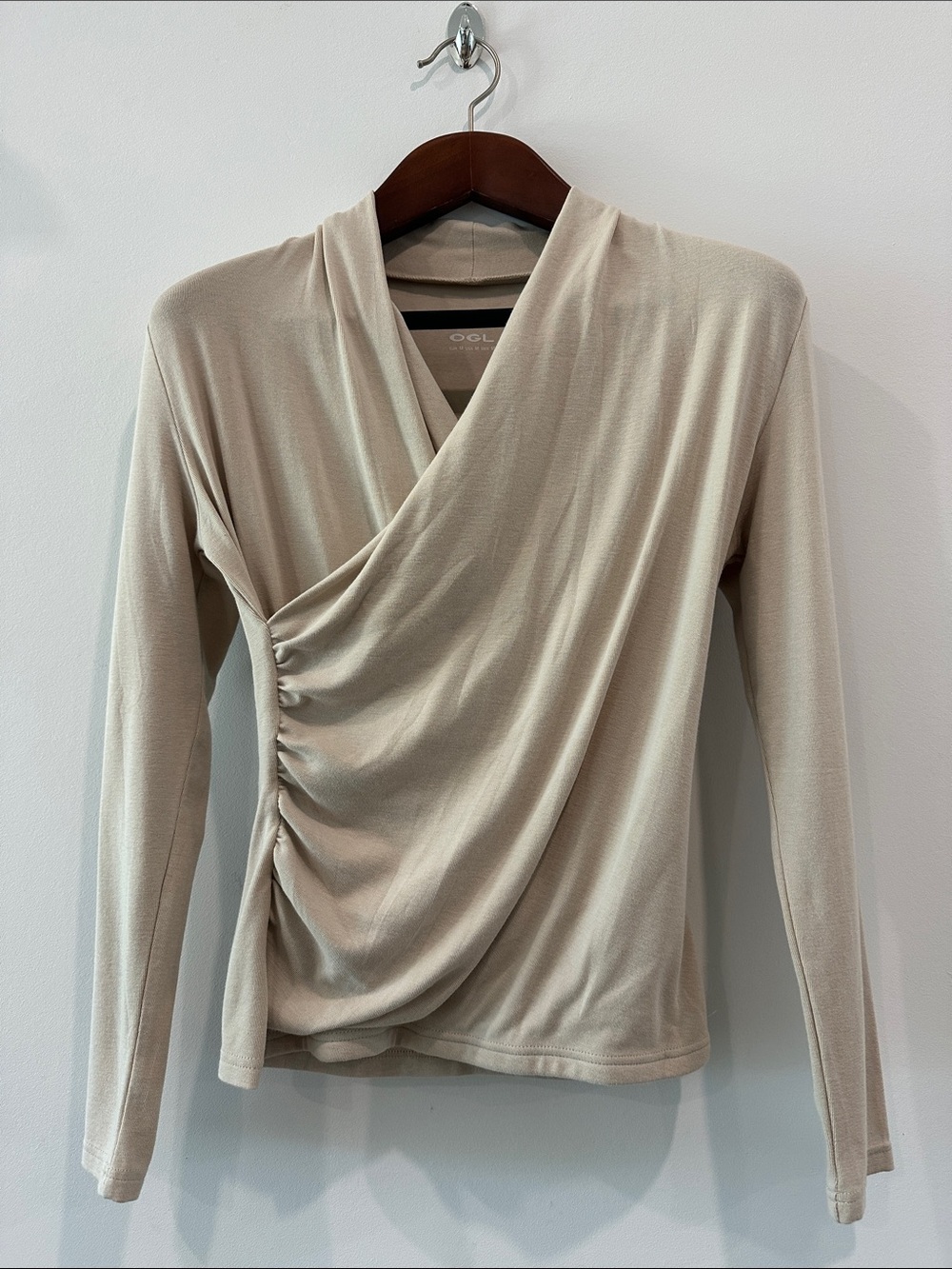 OGL Beige Ruched Wrap-Front Long Sleeve Top
